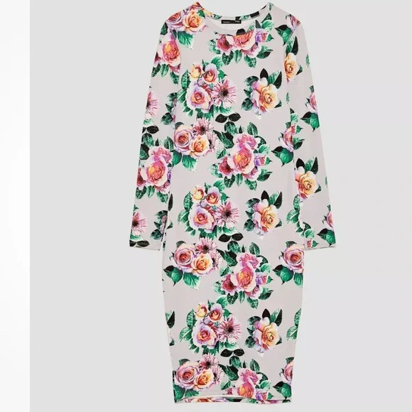 Zara NEW Floral Stretch Pencil Bodycon Fitted Midi Dress Boho Crew Long Sleeve M - Picture 5 of 16